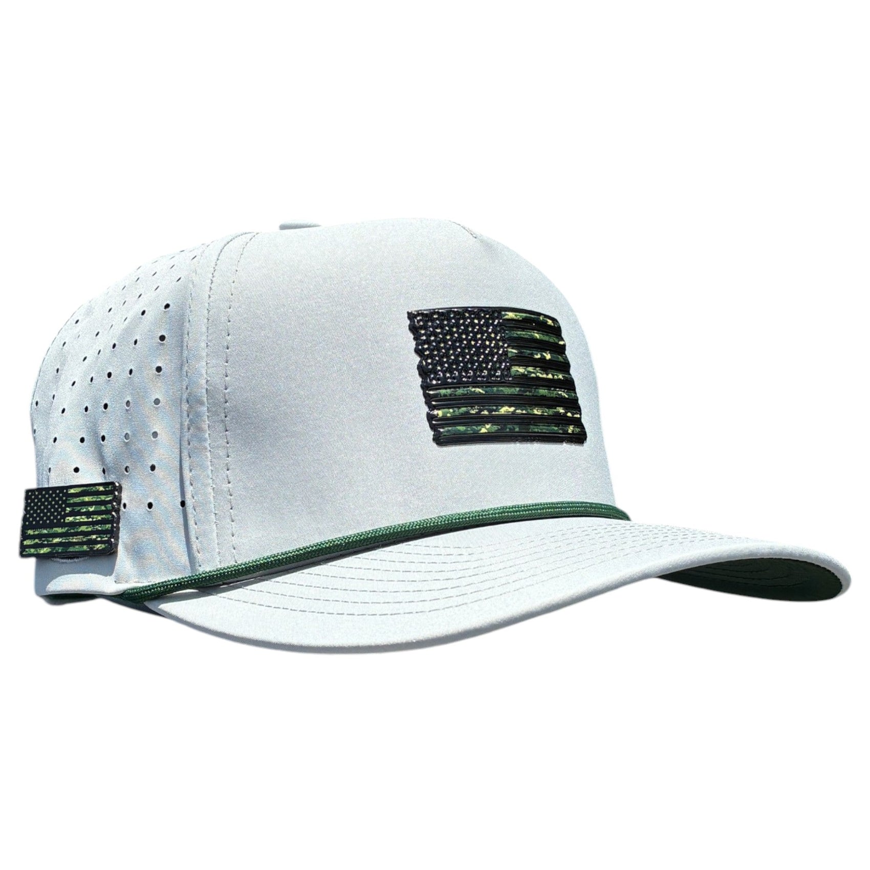 Logie Joe's Golf Tactical Golf Hat is an adjustable snapback cap featuring an American camo flag patch, a matching side patch, green brim trim, ventilation holes, and a built-in magnetic ball marker holder with marker included.