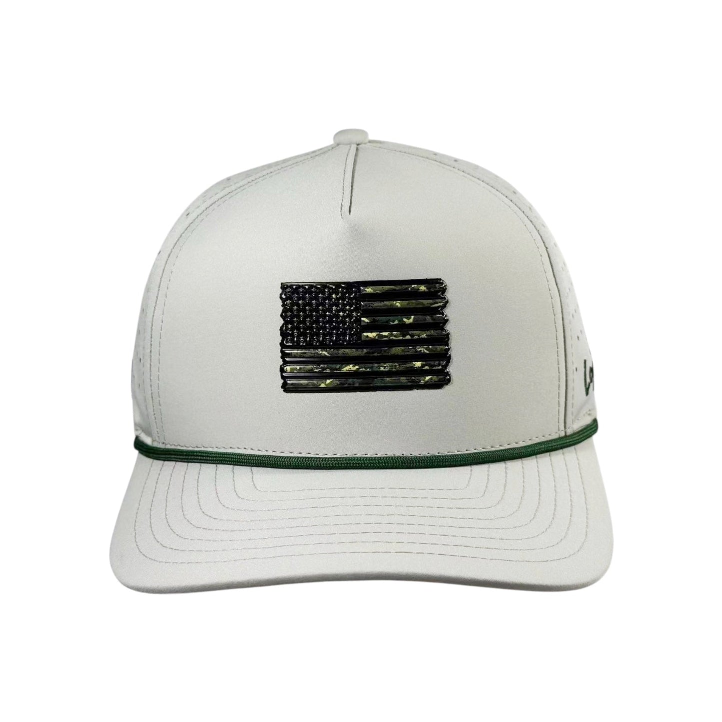 Logie Joe's Golf Tactical Golf Hat | Snapback Cap in white with black and green American flag patch, thin green trim, adjustable fit, and a built-in magnetic ball marker holder with marker. Perfect for easy access on the course.