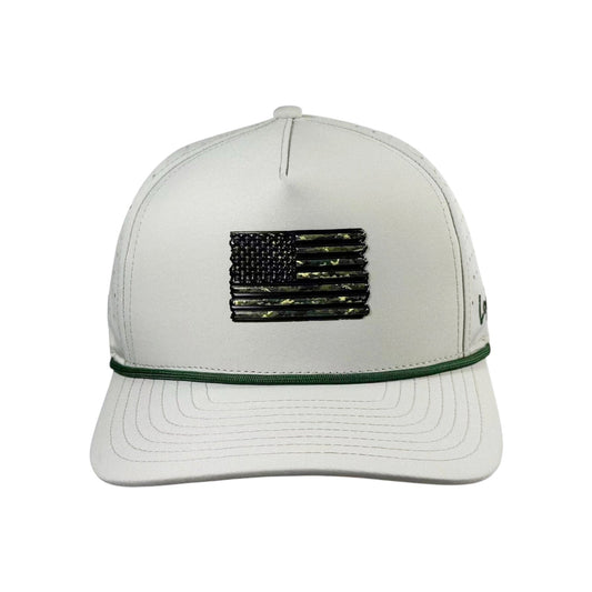 Logie Joe's Golf Tactical Golf Hat | Snapback Cap in white with black and green American flag patch, thin green trim, adjustable fit, and a built-in magnetic ball marker holder with marker. Perfect for easy access on the course.