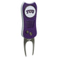 The Switchfix ACC College Switchfix Divot Tool with Ball Marker features a purple and silver finish, textured grip, two metal prongs, a magnetic ball marker, and the TCU logo in white and purple on top.