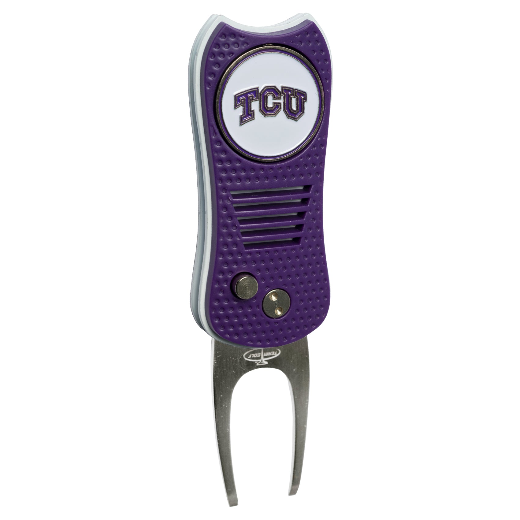 The Switchfix ACC College Switchfix Divot Tool with Ball Marker features a purple and silver finish, textured grip, two metal prongs, a magnetic ball marker, and the TCU logo in white and purple on top.