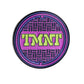 The TMNT - Sewer Cover Ball Marker by Pins and Aces is a round pin with a purple and black manhole cover design, inspired by TMNT, featuring bold neon green letters at the center. Isolated on a white background with a slight shadow.