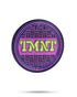 The TMNT - Sewer Cover Ball Marker by Pins and Aces is a round pin with a purple and black manhole cover design, inspired by TMNT, featuring bold neon green letters at the center. Isolated on a white background with a slight shadow.