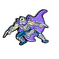 The Pins and Aces TMNT - Shredder Ball Marker is a cartoon-style enamel pin featuring a masked warrior in silver armor with a purple cape, crouched in an action pose, set against a white background.