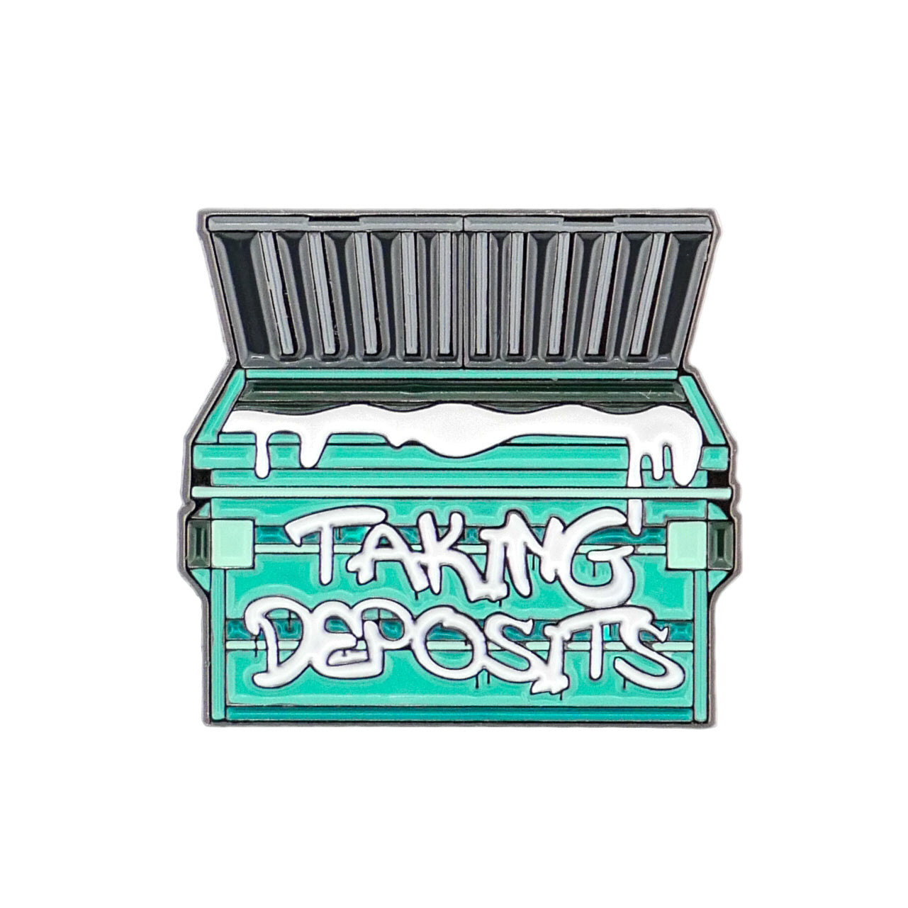 Taking Deposits by Logie Joe’s Golf—a green dumpster with an open lid, white goo dripping over the edge, and “TAKING DEPOSITS” in graffiti—makes a perfect funny ball marker or unique premium golf accessory.