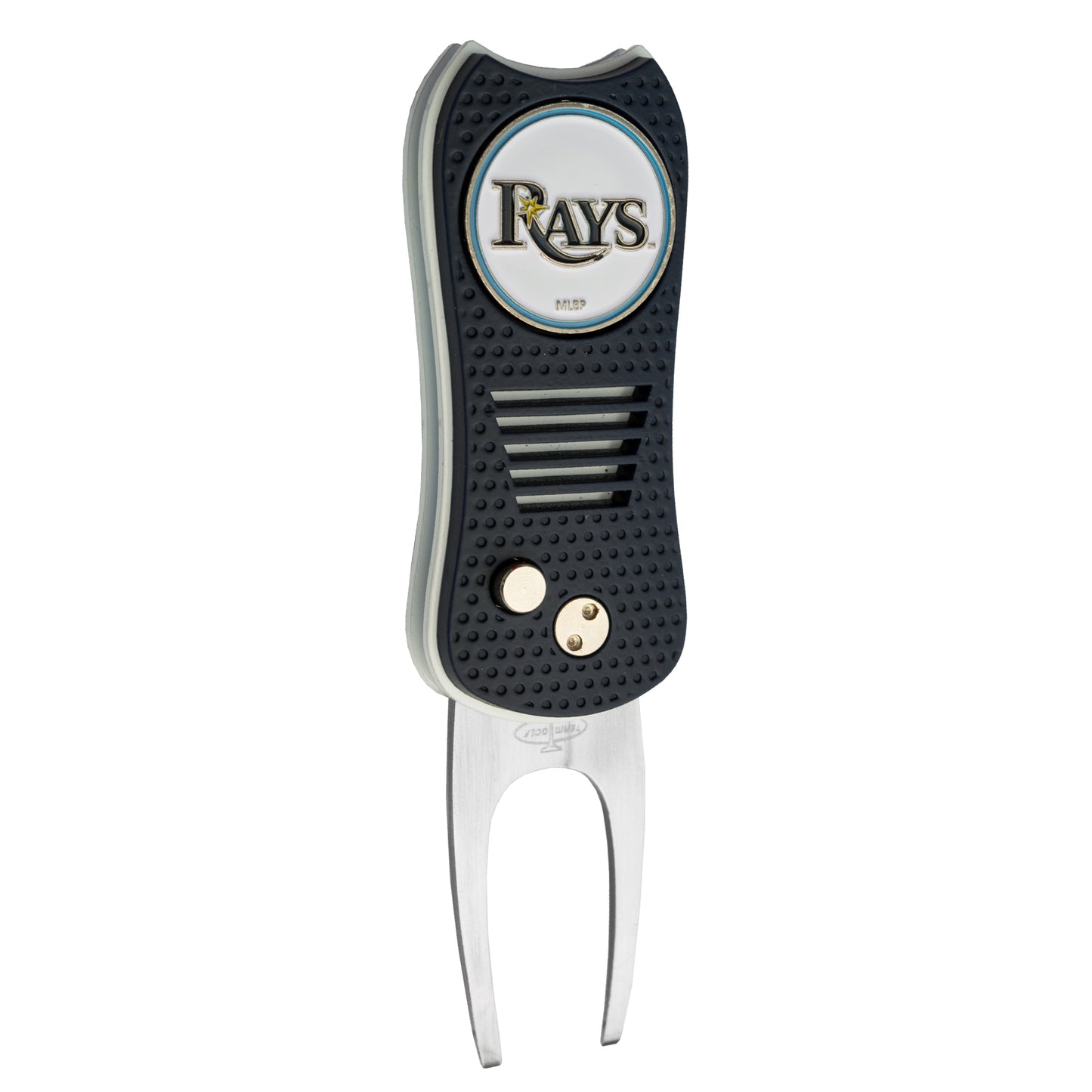 The MLB Switchfix Divot Tool with Ball Marker features a black grip, a circular Rays logo on top, foldable silver prongs, dual buttons on the handle, and a convenient magnetic ball marker. Brand: MLB.