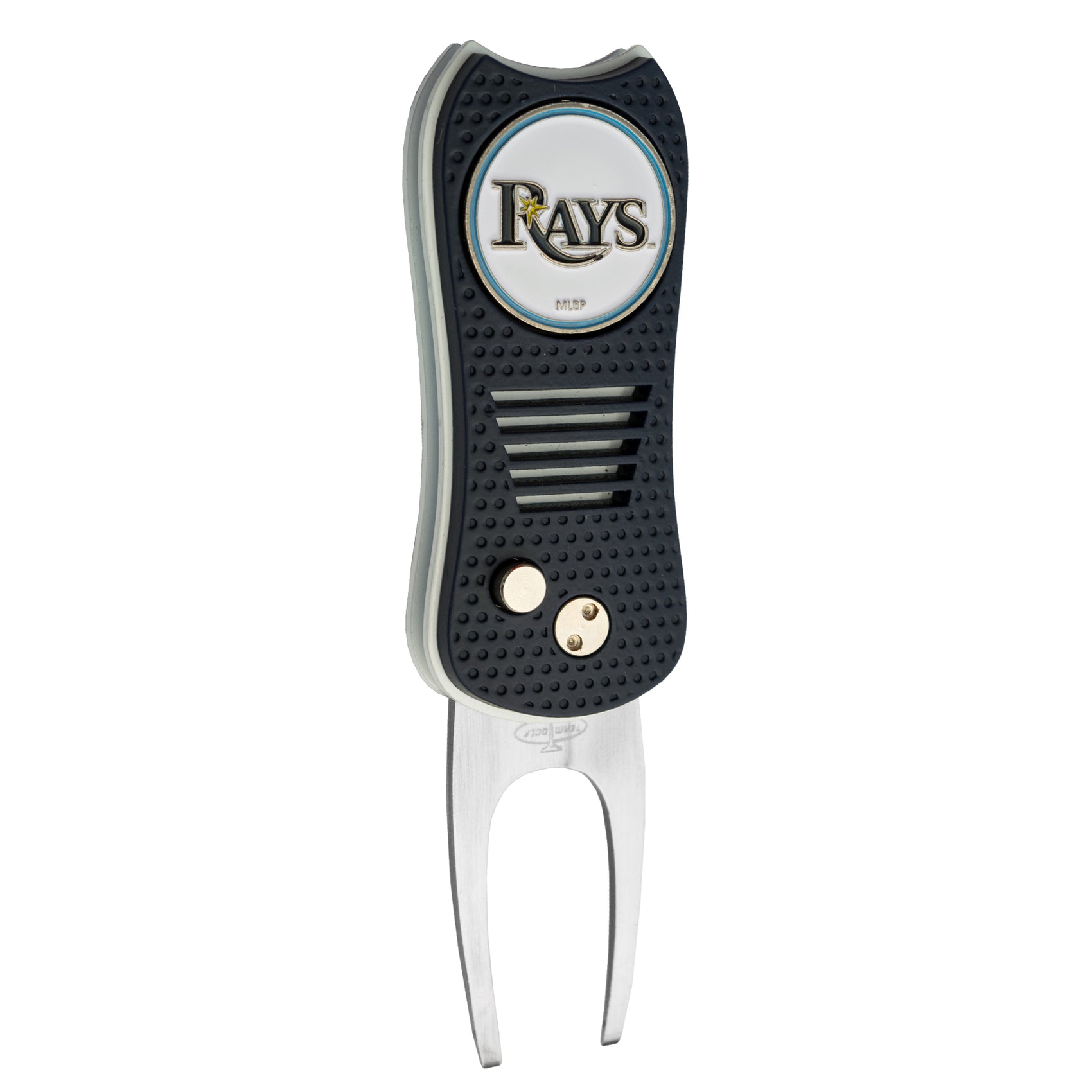 The MLB Switchfix Divot Tool with Ball Marker features a black grip, a circular Rays logo on top, foldable silver prongs, dual buttons on the handle, and a convenient magnetic ball marker. Brand: MLB.