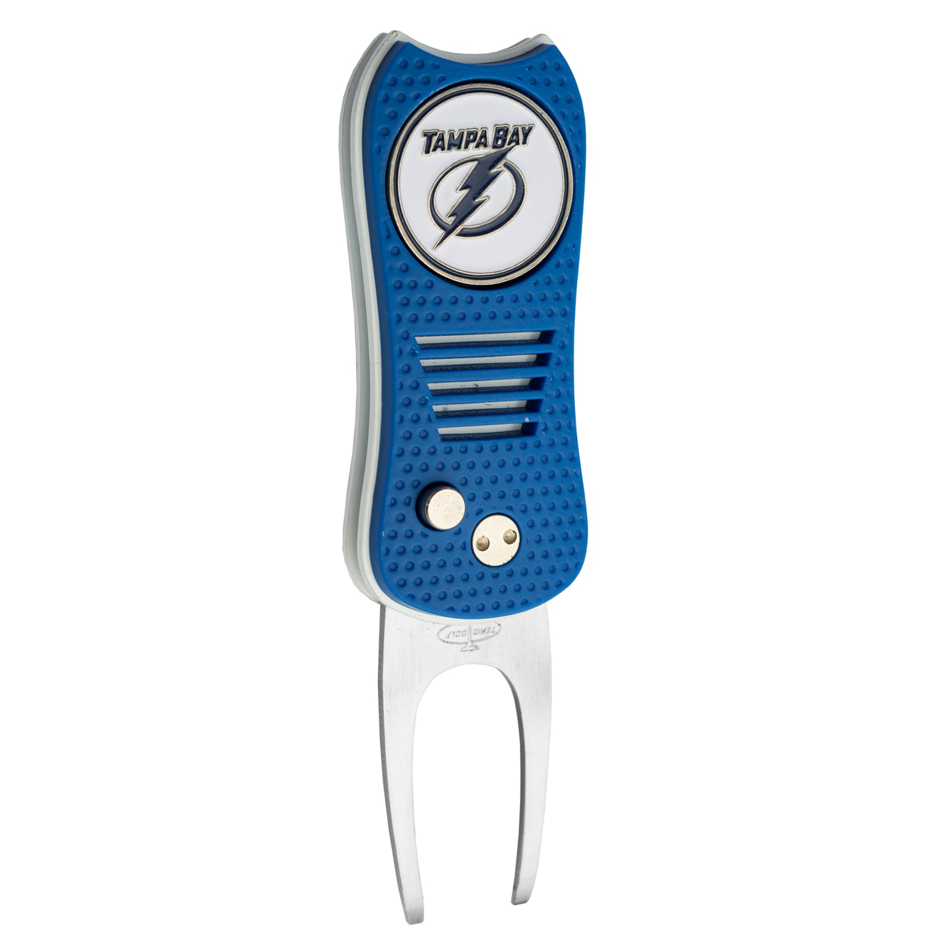 The Ballmarkers.com NHL Switchfix Divot Tool with Ball Marker features a blue and silver design, textured grip, Tampa Bay Lightning logo on top, and a magnetic ball marker for easy use on the green.