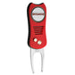 The NFL Switchfix Divot Tool with Ball Marker by NFL features a red and silver design, textured grip, a Tampa Bay Buccaneers logo on a circular emblem near the top, and an easy-to-use magnetic ball marker.