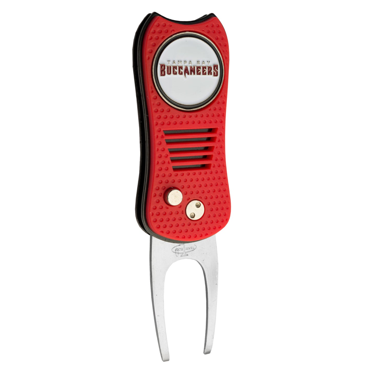 The NFL Switchfix Divot Tool with Ball Marker by NFL features a red and silver design, textured grip, a Tampa Bay Buccaneers logo on a circular emblem near the top, and an easy-to-use magnetic ball marker.