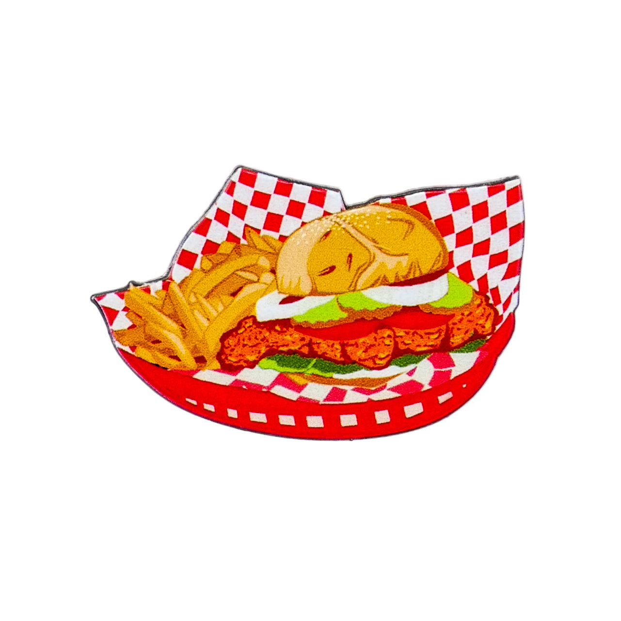 A playful cartoon Breaded Tenderloin Sandwich Basket by Logie Joe's Golf features a sandwich, fries, a sleeping dog on top, and includes a premium ball marker—perfect for fans of funny golf accessories.