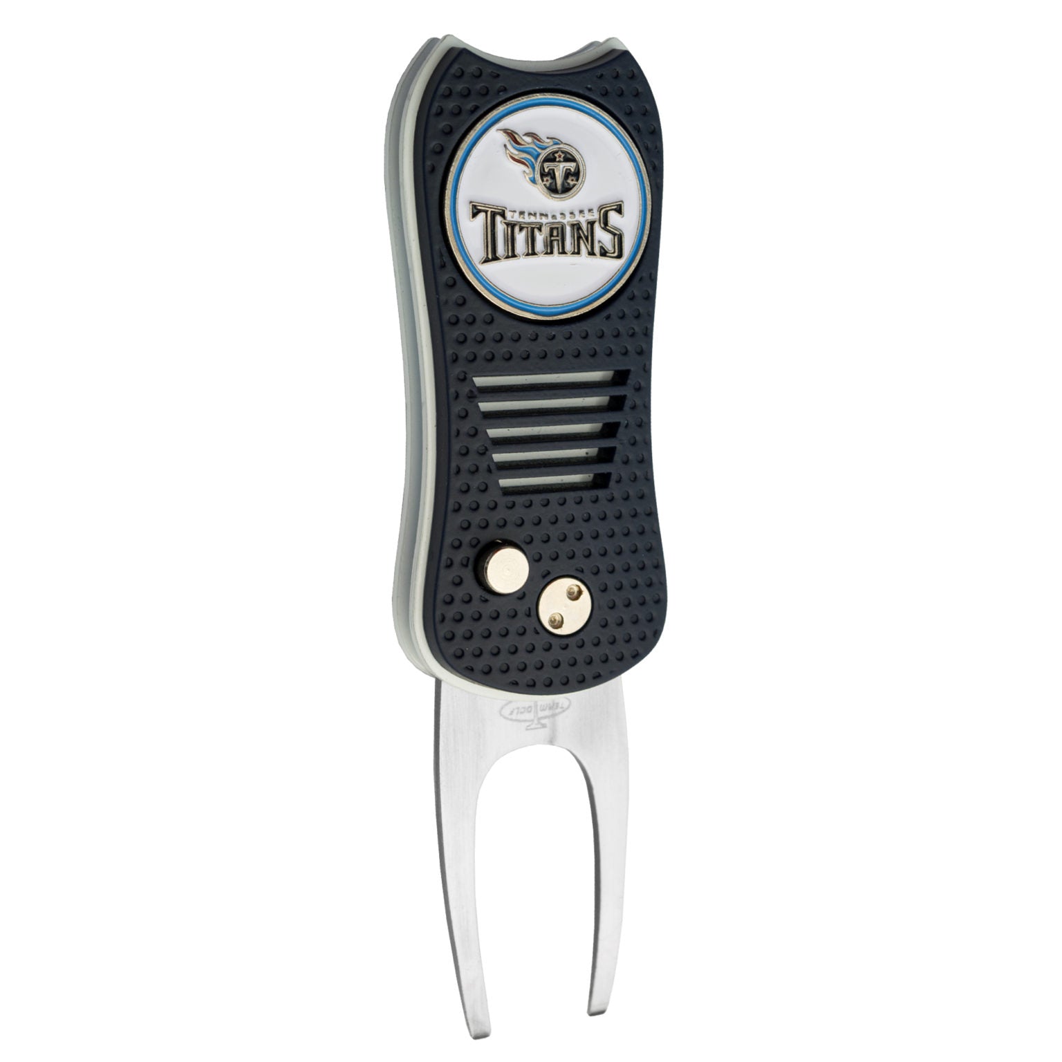 The NFL Switchfix Divot Tool with Ball Marker by NFL features a black textured grip, silver prongs, a Tennessee Titans logo on top, and a magnetic ball marker with a durable switchblade mechanism.