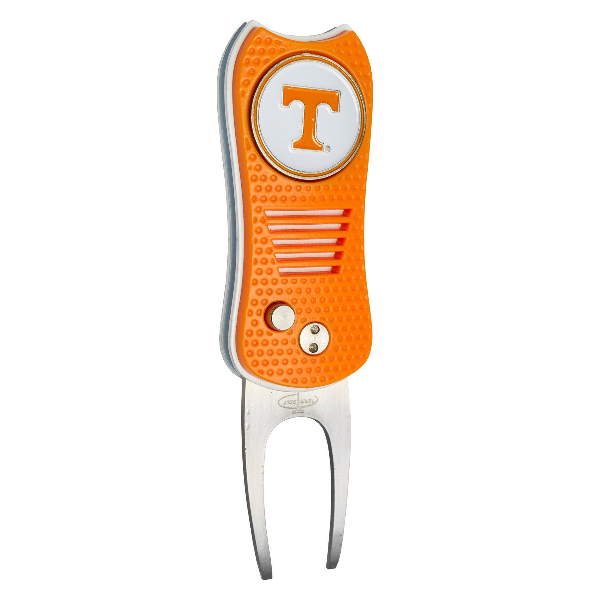 The ACC College Switchfix Divot Tool with Ball Marker by Switchfix features orange and silver colors, metal prongs, a textured grip, and a magnetic ball marker with an orange “T” in a white circle for easy use on the green.