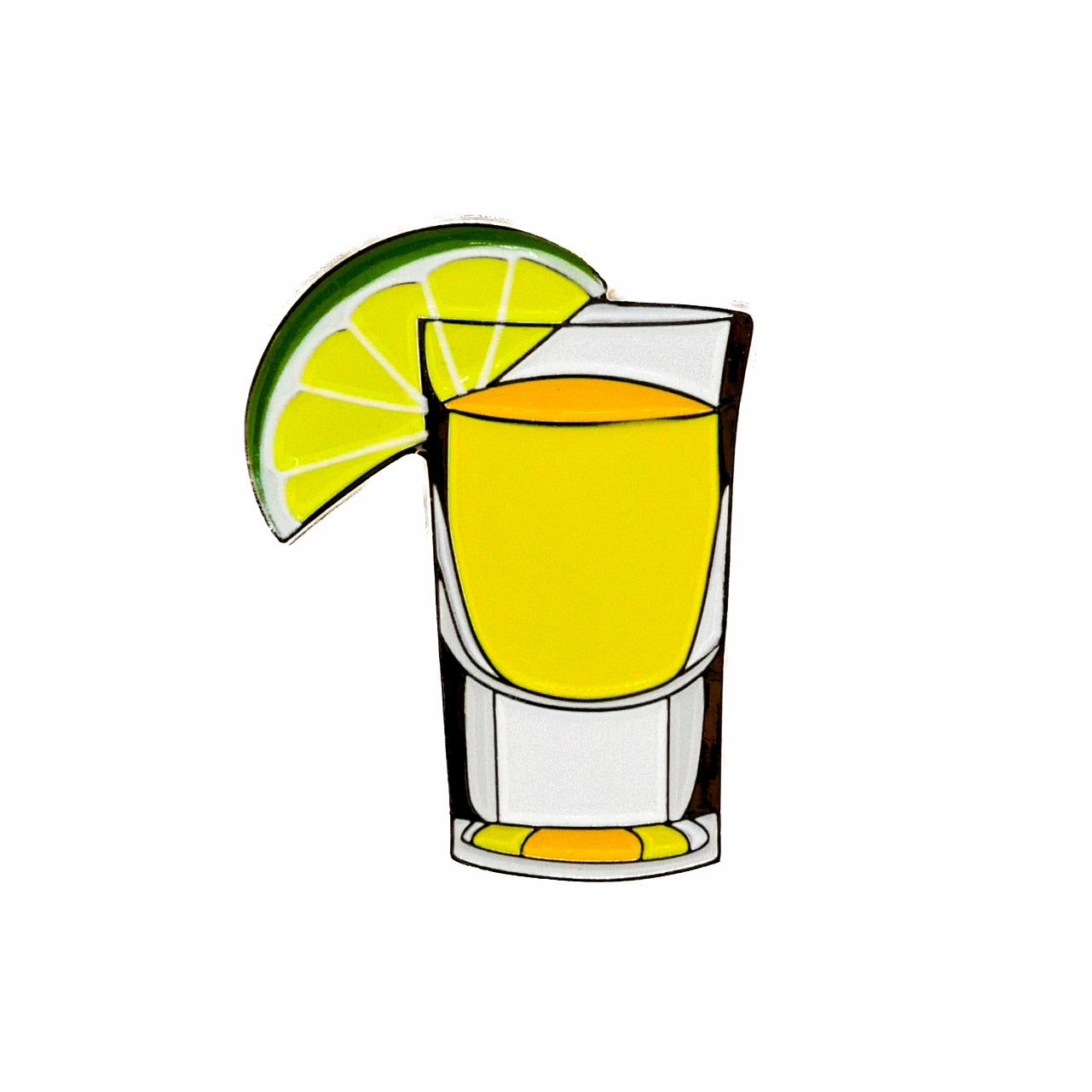 The Tequila & Lime ball marker by Logie Joe's Golf features a shot glass with yellow liquid and a lime wedge, making it a standout accessory for fans of premium golf gear.
