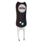 The MLB Switchfix Divot Tool with Ball Marker by MLB is a black and silver switchblade tool with a textured handle, two metal prongs, a round TEXAS emblem in red and blue, and a convenient magnetic ball marker.