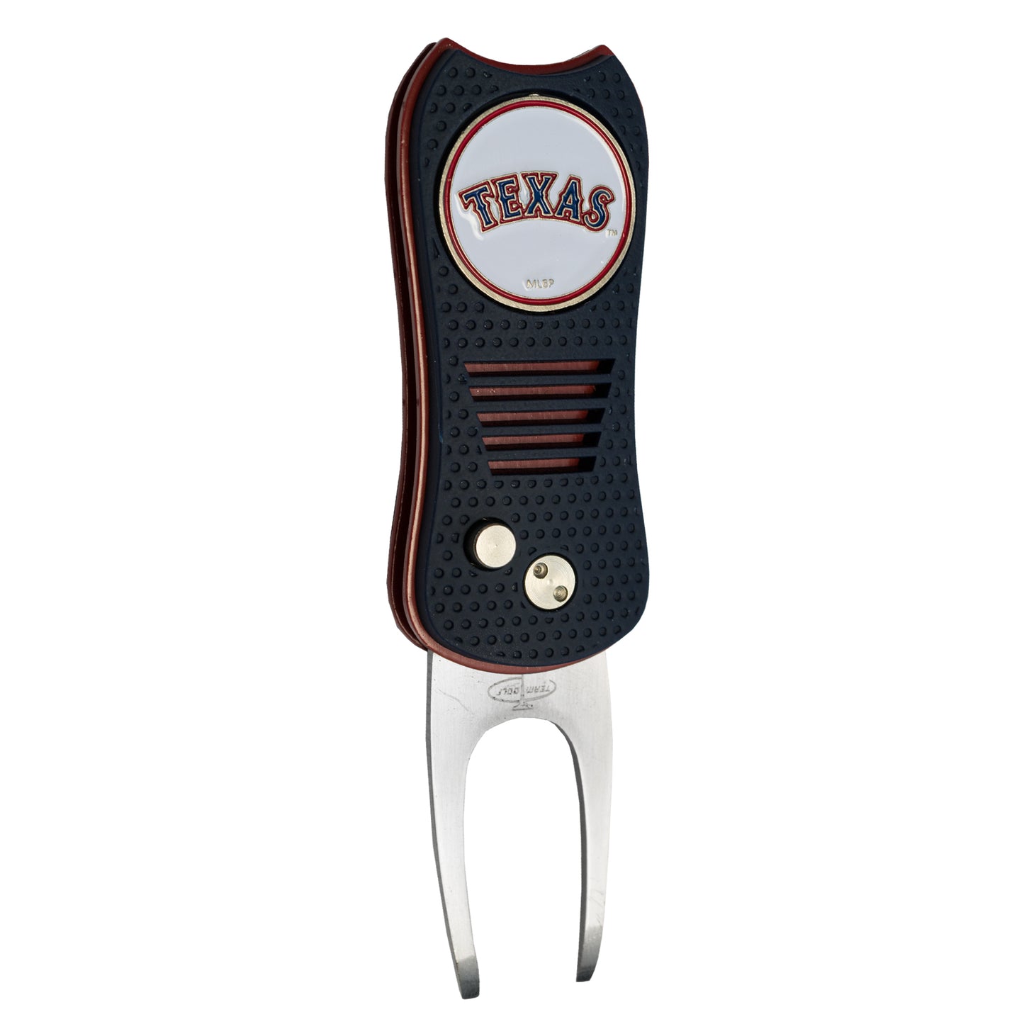 The MLB Switchfix Divot Tool with Ball Marker by MLB is a black and silver switchblade tool with a textured handle, two metal prongs, a round TEXAS emblem in red and blue, and a convenient magnetic ball marker.