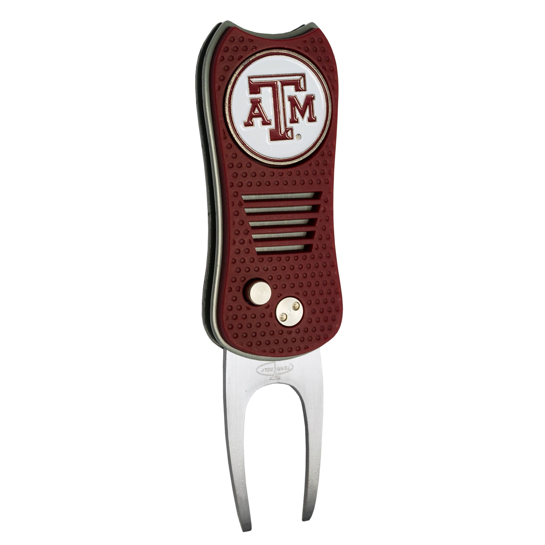 The Switchfix ACC College Switchfix Divot Tool with Ball Marker features a maroon handle, switchblade mechanism, silver metal prongs, and a magnetic ball marker with the white TAMU circular logo.