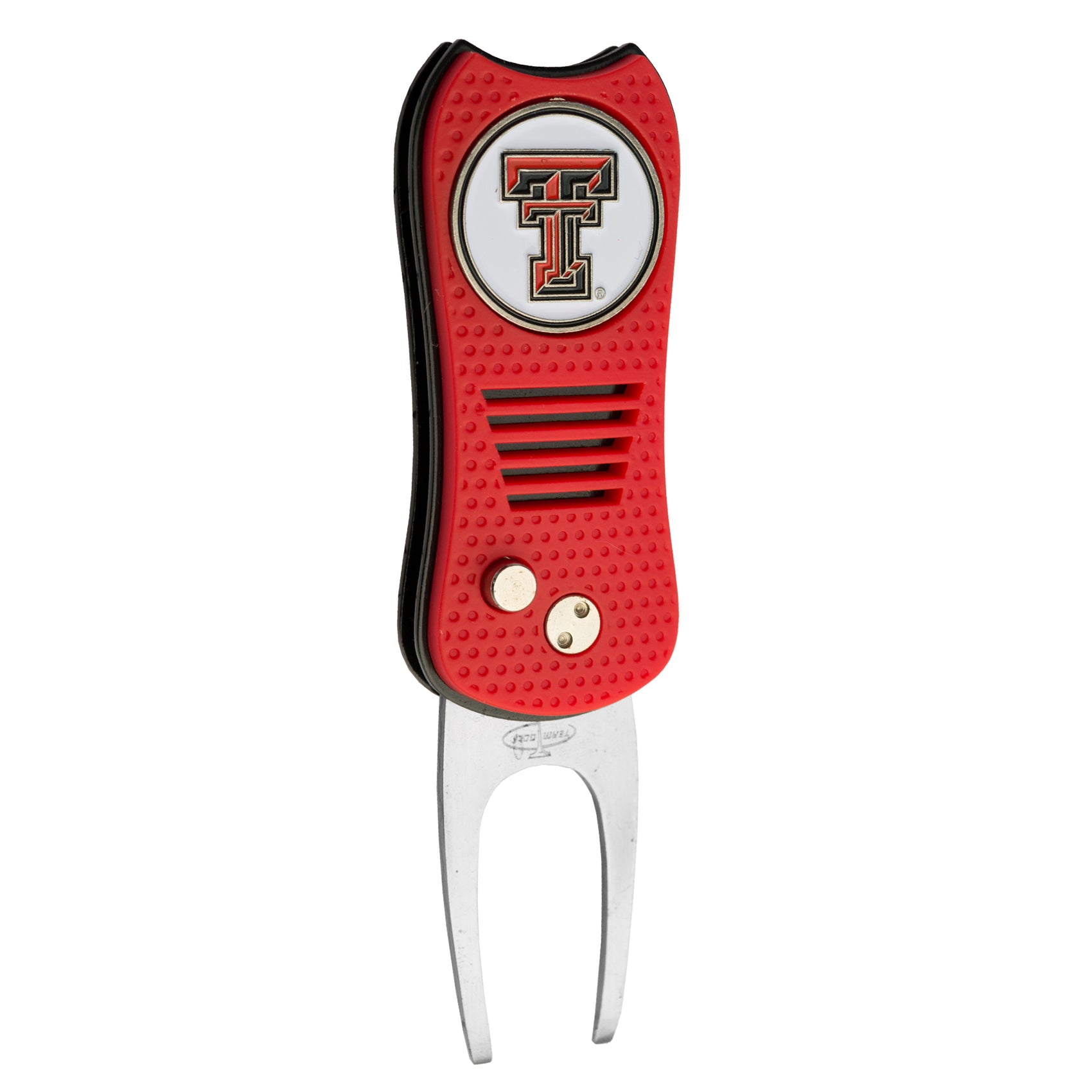 The Switchfix ACC College Switchfix Divot Tool features a raised Texas Tech logo, two metal prongs, and a magnetic ball marker for convenience.