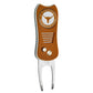 The Switchfix ACC College Switchfix Divot Tool with Ball Marker features a textured orange grip, university team logo, metallic prongs, magnetic ball marker, and a smooth switchblade mechanism for easy use on the course.