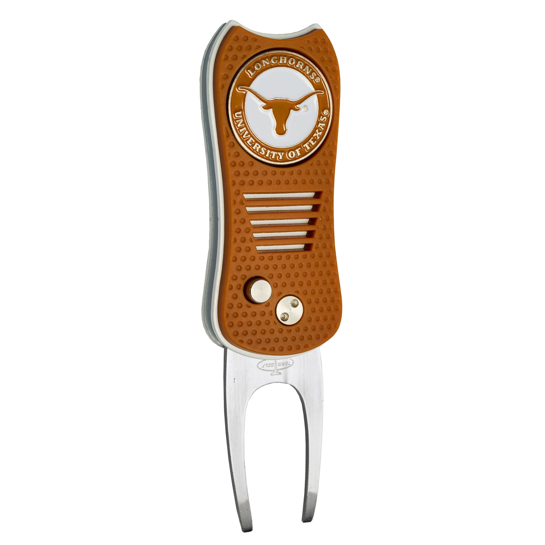 The Switchfix ACC College Switchfix Divot Tool with Ball Marker features a textured orange grip, university team logo, metallic prongs, magnetic ball marker, and a smooth switchblade mechanism for easy use on the course.