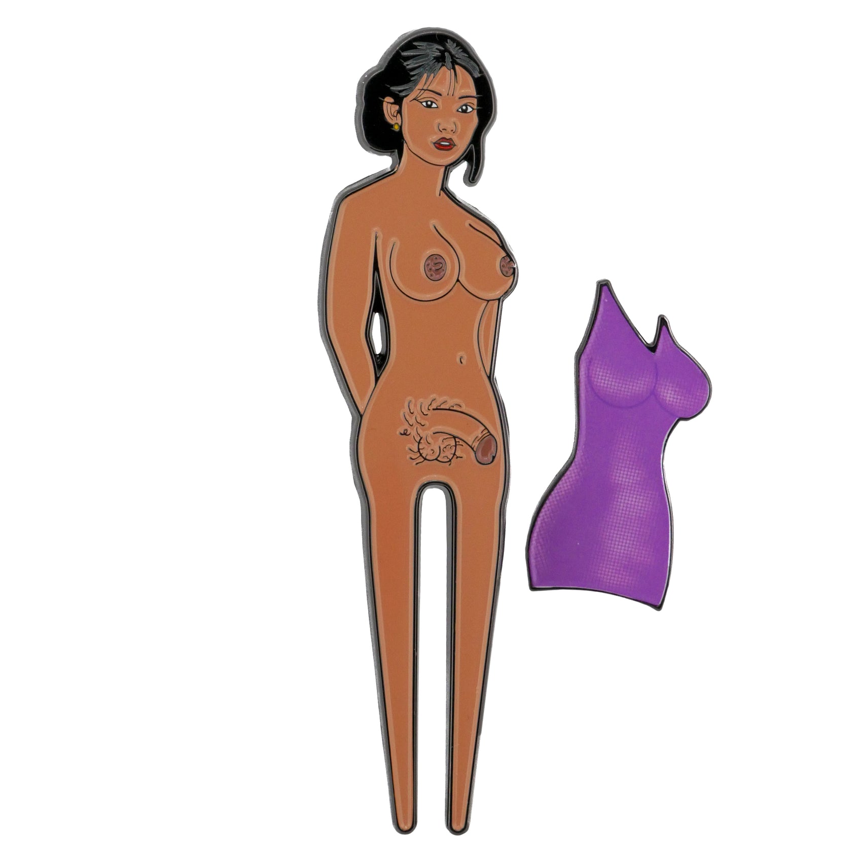 The Logie Joe's Golf Thai Lady Boy Divot Tool features an illustrated nude female figure with long hair and a hip tattoo, plus a removable purple dress designed as a premium golf ball marker.