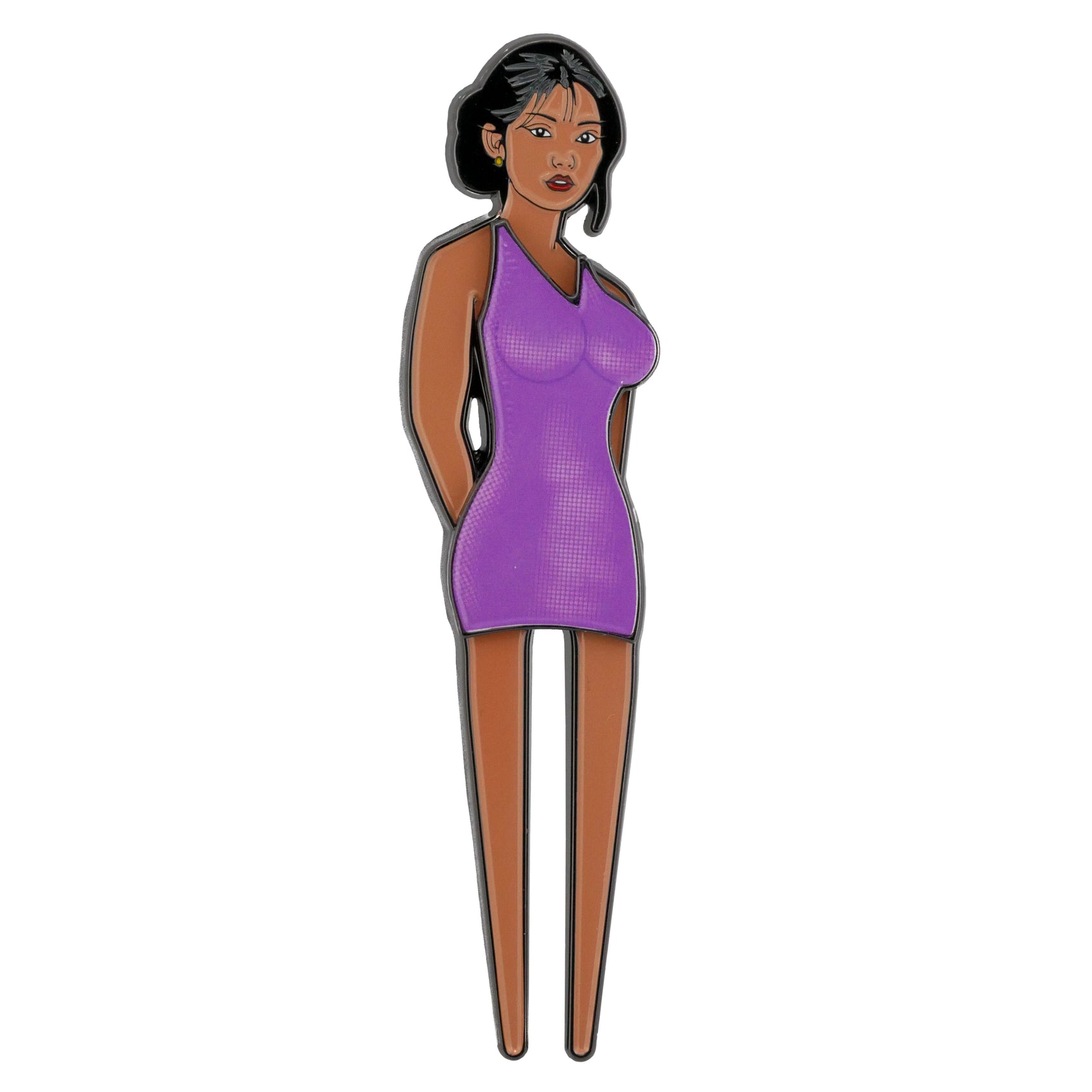 Illustration of a dark-skinned woman with black hair in a purple dress, inspired by the elegance of Logie Joe's Golf Thai Lady Boy Divot Tool and premium golf ball marker designs.