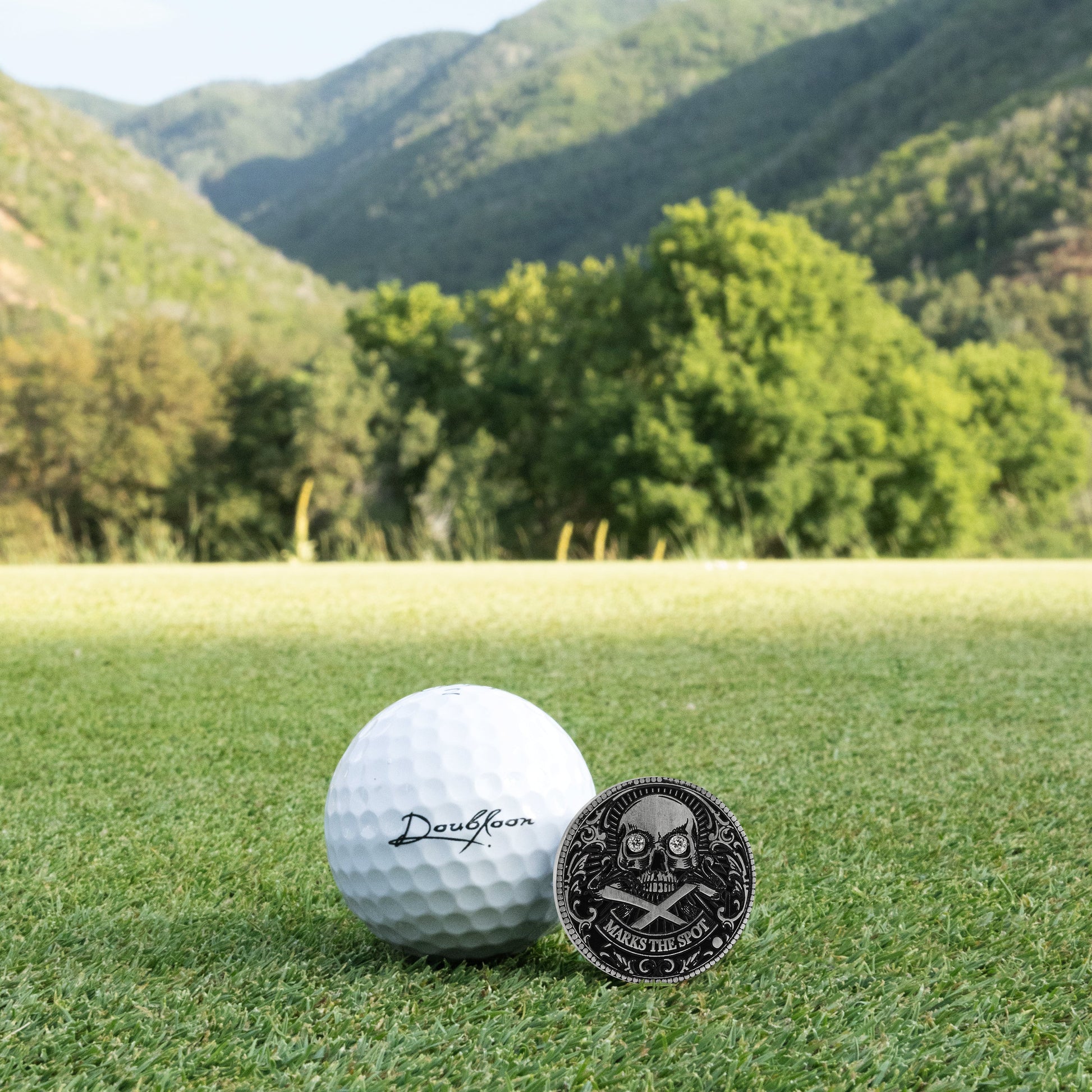 A Doubloon Omen Classic Antique, Diamond & Silver Edition golf ball and round coin marker with a skull and crossbones design rest on short grass, with green trees and distant mountains beneath a clear sky.