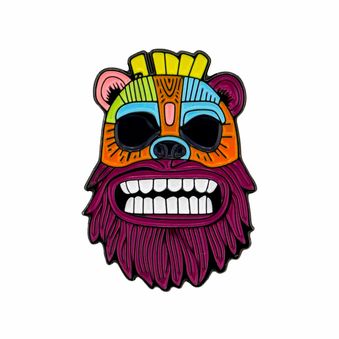 Tiki Bear by Logie Joe's Golf features a vibrant, stylized bear face with bold colors—orange, blue, yellow, green—and a wide purple beard on white. Perfect inspiration for premium golf accessories.