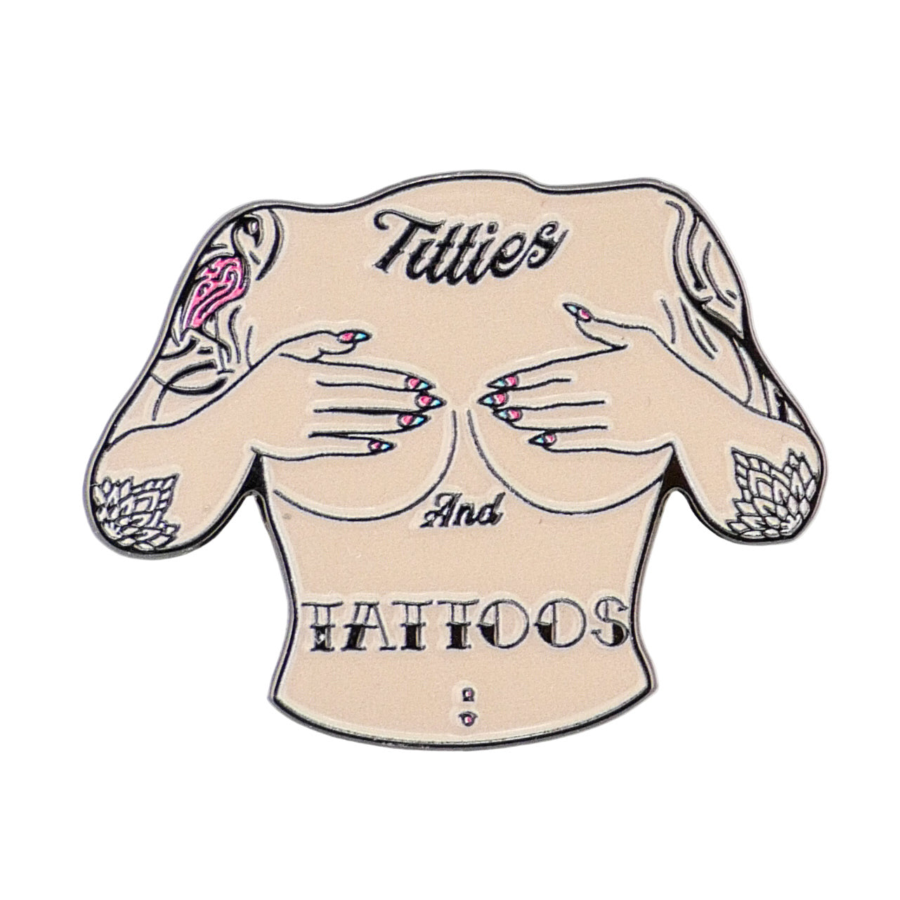 The Titties & Tattoos pin by Logie Joe's Golf features an illustrated, tattooed topless torso with "Titties And TATTOOS" on the chest—a fun golf accessory or premium ball marker for your collection.