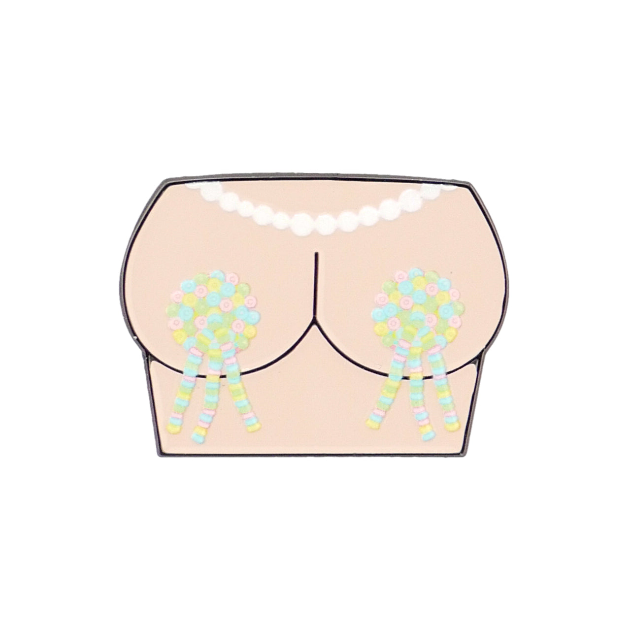 Minimal, stylized illustration of a torso adorned with Logie Joe's Golf Titty Tassels Ball Marker—a pearl necklace and pastel tasseled nipple pasties—blending understated elegance with premium golf accessory vibes.