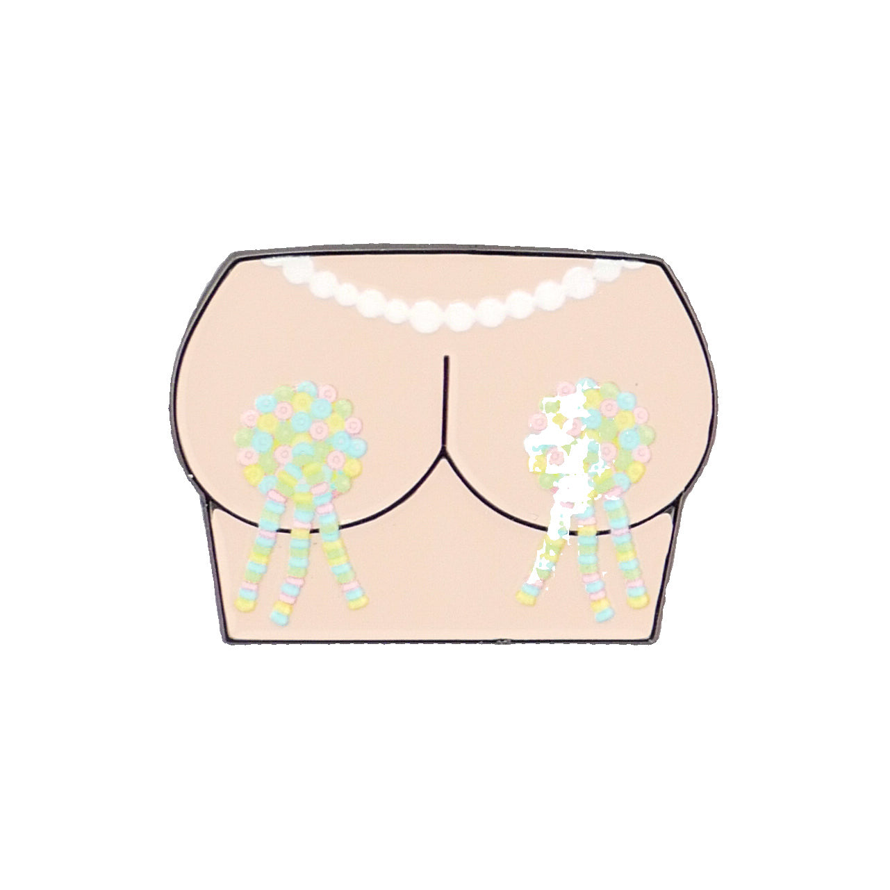 A playful illustration of a chest with pearl necklace and pastel sequin nipple pasties—Logie Joe's Golf "Titty Tassles" make a funny, quirky golf accessory or unique ball marker.