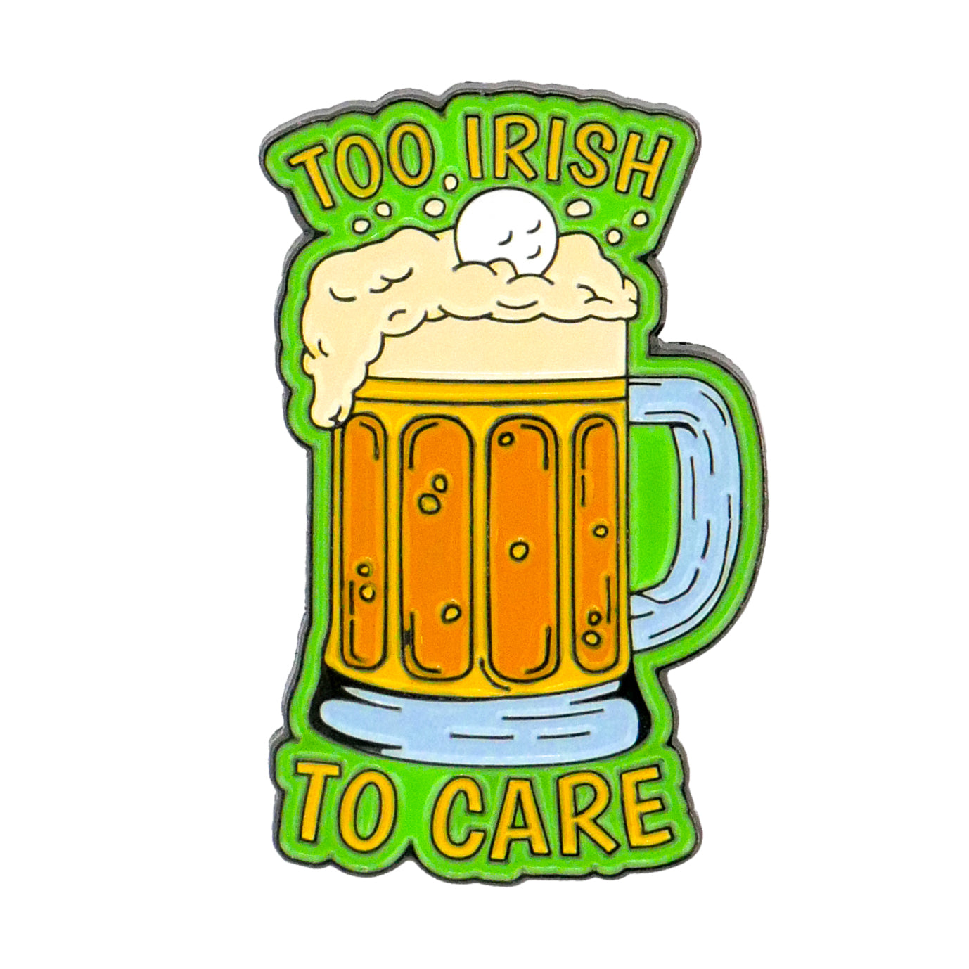 The Too Irish To Care Ball Marker by Ballmarkers.com features a cartoon beer mug with foamy beer and green "TOO IRISH TO CARE" text—perfect for St. Patrick’s Day golf outings. The background is white, making it a fun Irish-themed golf gift.