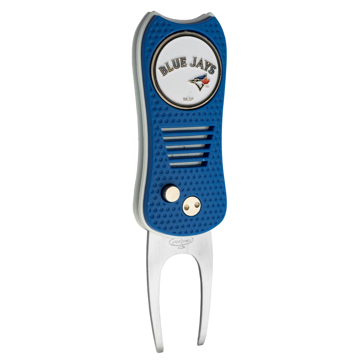 The MLB Switchfix Divot Tool with Ball Marker, featuring a Blue Jays logo and bird graphic, has a blue and silver design, textured grip, magnetic ball marker, and metallic prongs—perfect for any Blue Jays fan’s golf bag.