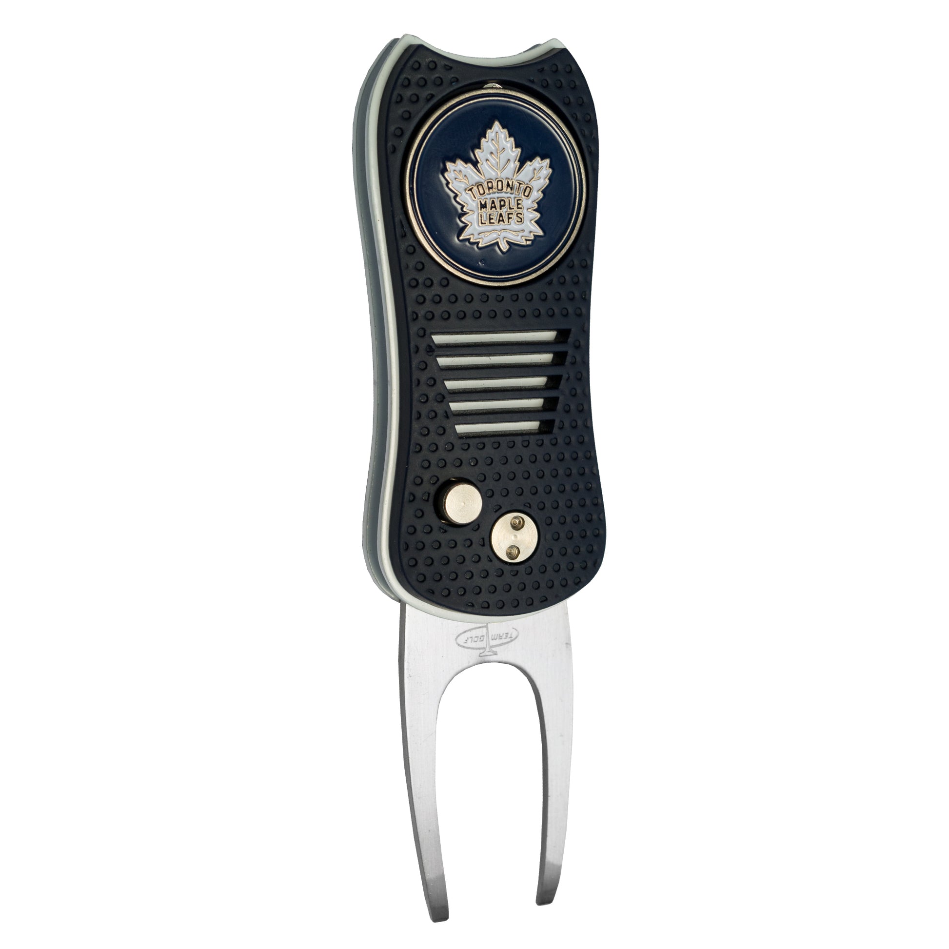 The Ballmarkers.com NHL Switchfix Divot Tool with Ball Marker features a textured black grip, Toronto Maple Leafs logo, two metal prongs, gold-colored buttons, magnetic ball marker, and a convenient switchblade mechanism.