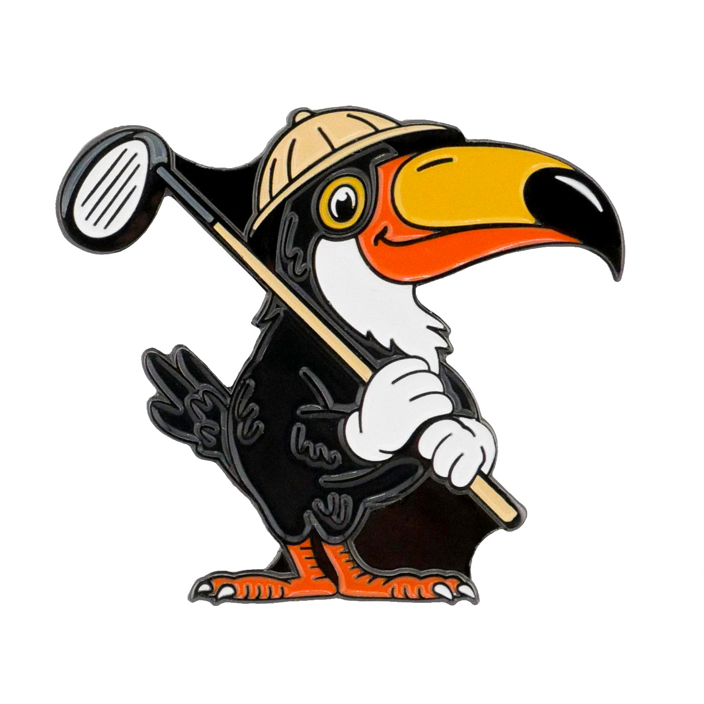 The Toucan Companion Ball Marker by Ballmarkers.com features a cartoon bird with an orange beak, tan safari hat, golf club over its shoulder, and orange feet, smiling from the Lost Fairway Collection.