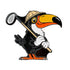 The Toucan Companion Ball Marker by Ballmarkers.com features a cartoon bird with an orange beak, tan safari hat, golf club over its shoulder, and orange feet, smiling from the Lost Fairway Collection.