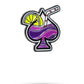 A vibrant illustration of a purple cocktail in a curvy glass with lemon and striped straw, set on white background with the Pins and Aces Transfusion Spade Ball Marker logo, from brand Pins and Aces.