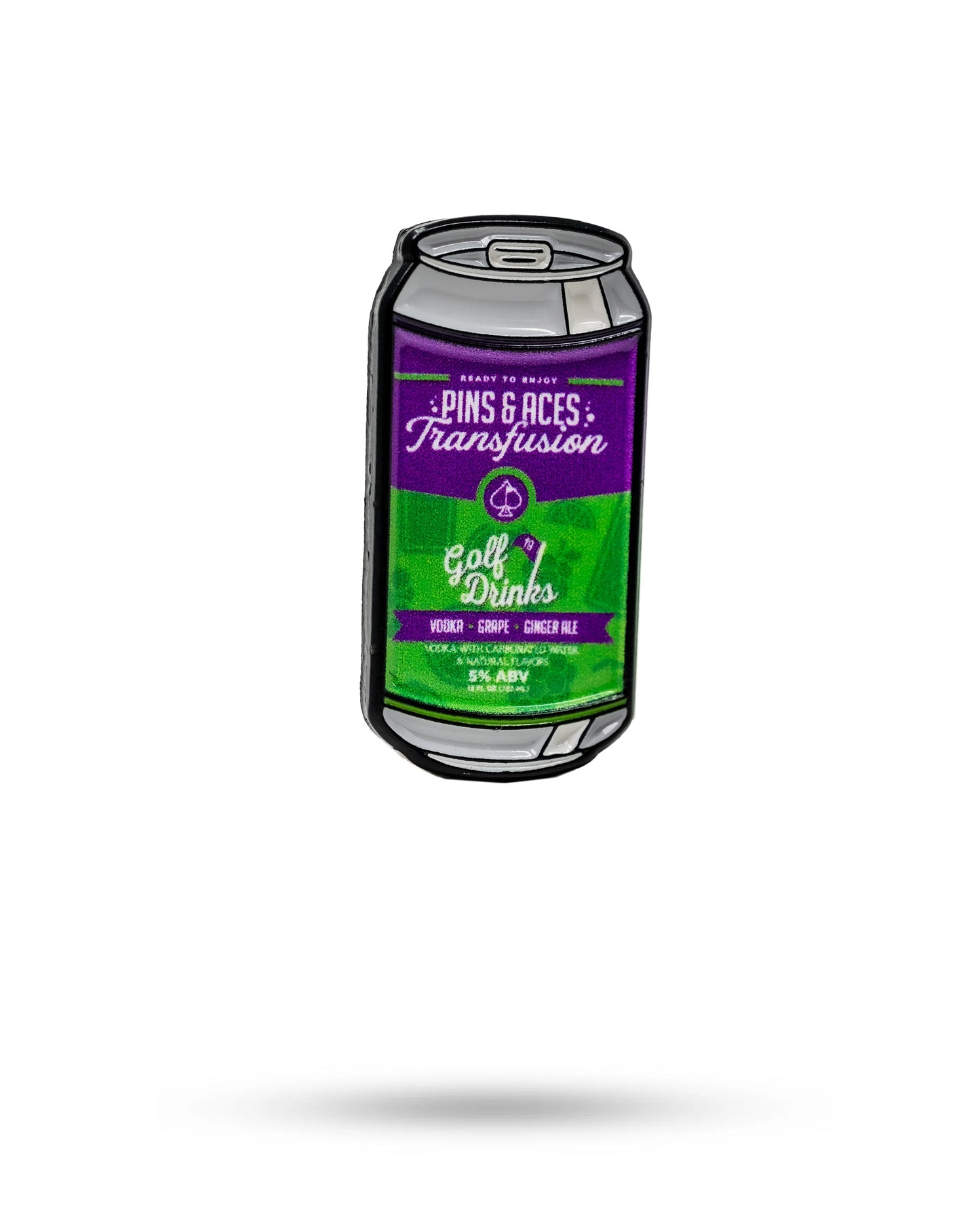 A drawing of a purple and green Pins and Aces Transfusion Can Ball Marker is centered on a white background, surrounded by enamel ball marker designs. The can features vodka, grape, and ginger ale flavors (5% ABV).