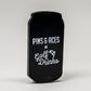 A black, soda can-shaped Pins and Aces Transfusion Can Ball Marker features white "PINS & ACES x Golf Drinks" text, a small golf club and ball graphic, and is designed to hold magnetic golf accessories or an enamel ball marker. Plain light background.