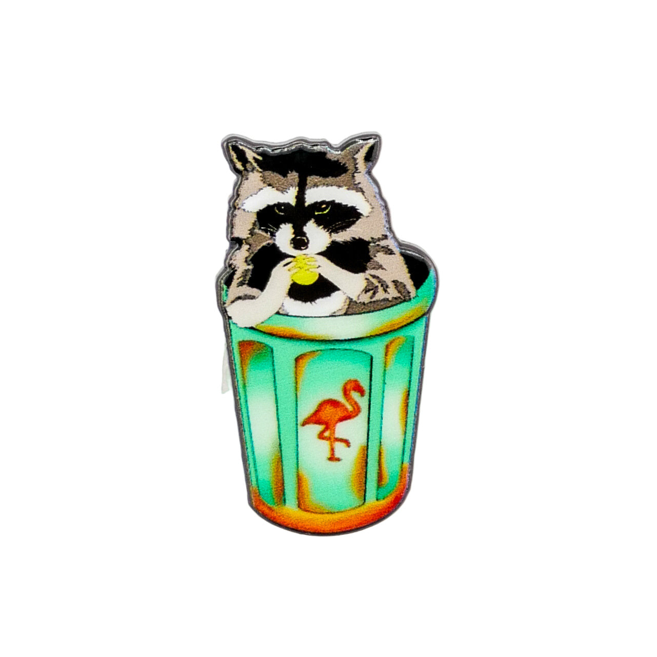 A raccoon sits inside a turquoise Trash Panda trash can by Logie Joe's Golf, decorated with an orange flamingo, holding golf ball markers in its paws against a white background.