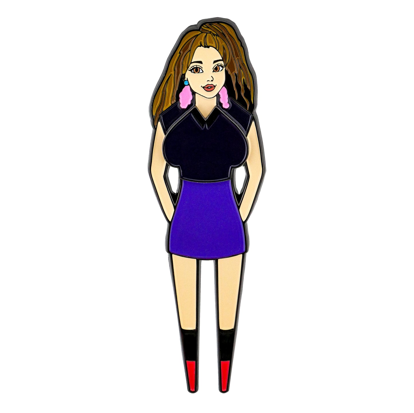 Illustration of a woman with long brown hair, pink earrings, black top, purple skirt, and black boots with red tips—perfect for featuring Logie Joe's Golf Trifecta Chick Divot Tool or showcasing unique golf accessories.
