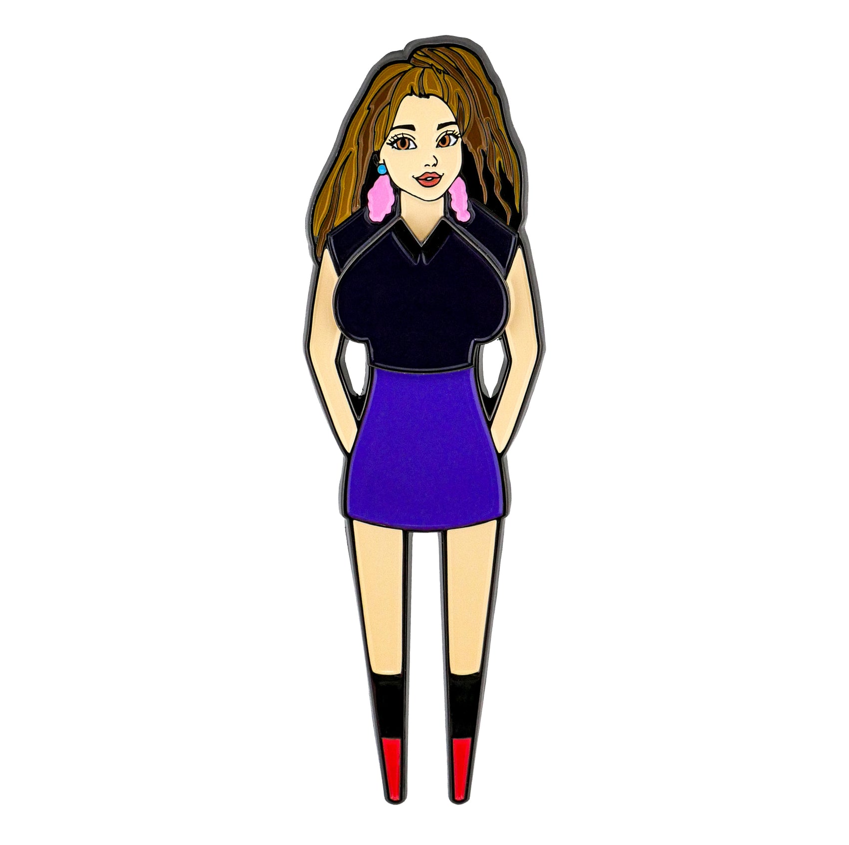 Illustration of a woman with long brown hair, pink earrings, black top, purple skirt, and black boots with red tips—perfect for featuring Logie Joe's Golf Trifecta Chick Divot Tool or showcasing unique golf accessories.