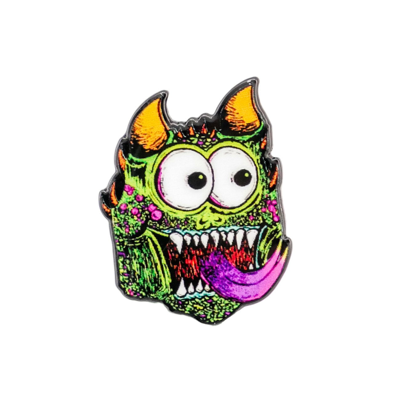 The Troll enamel pin by Ballmarkers from Logie Joe’s features a playful green monster with big eyes, orange horns, sharp teeth, and a purple tongue—perfect for collectors and fans of unique golf accessories or artistic ball markers.
