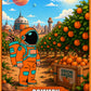 An astronaut stands in an orange grove with planets overhead, futuristic domes in the distance, and a crate marked Orion Grove. This imaginative scene features the Astronaut Walker Mystery Blind Bag, available exclusively from Ballmarkers.com. At the top, text reads COMMON 1 OF 150 and ballmarkers.com.