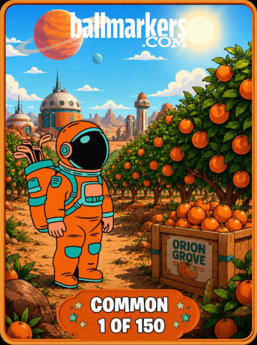 An astronaut stands in an orange grove with planets overhead, futuristic domes in the distance, and a crate marked Orion Grove. This imaginative scene features the Astronaut Walker Mystery Blind Bag, available exclusively from Ballmarkers.com. At the top, text reads COMMON 1 OF 150 and ballmarkers.com.