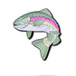 The Trout Ball Marker by Pins and Aces features a colorful fish design with green, pink, and white enamel-like scales and black spots, facing left on a white background with a shadow—an eye-catching golf accessory.