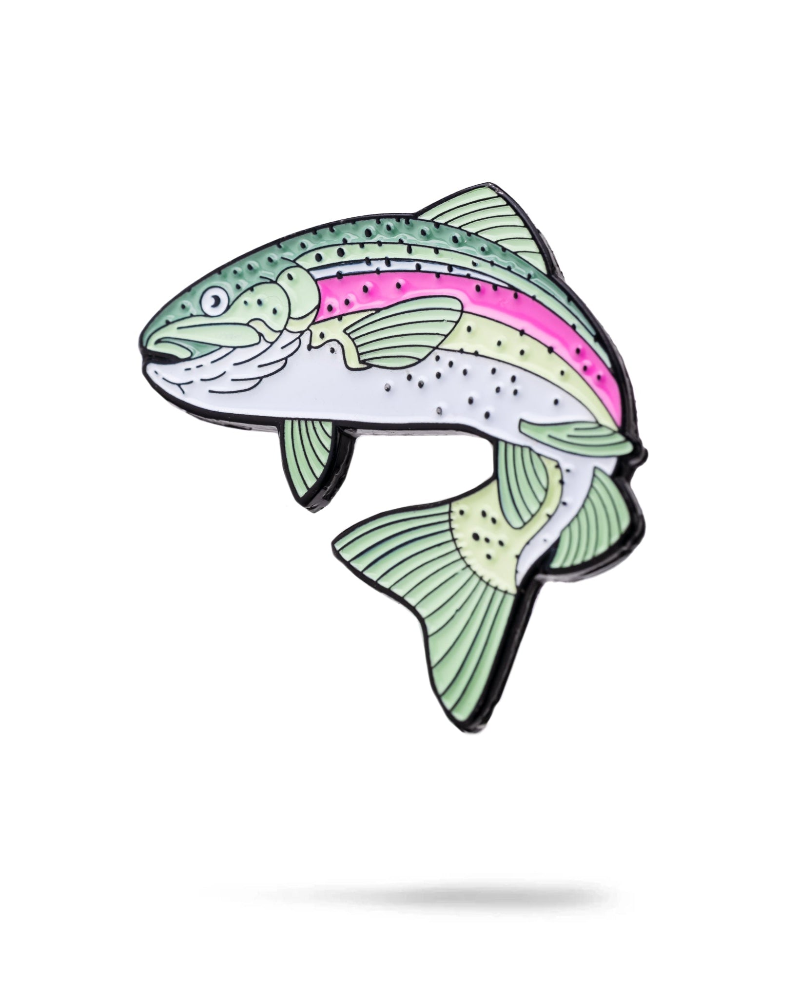 The Trout Ball Marker by Pins and Aces features a colorful fish design with green, pink, and white enamel-like scales and black spots, facing left on a white background with a shadow—an eye-catching golf accessory.
