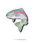 The Trout Ball Marker by Pins and Aces features a colorful fish design with green, pink, and white enamel-like scales and black spots, facing left on a white background with a shadow—an eye-catching golf accessory.