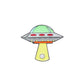 Logie Joe's Golf UFO: A cartoon-style UFO with a green dome and yellow beam evokes premium ball markers or stylish golf accessories, featuring a white circle near the bottom on a plain white background.