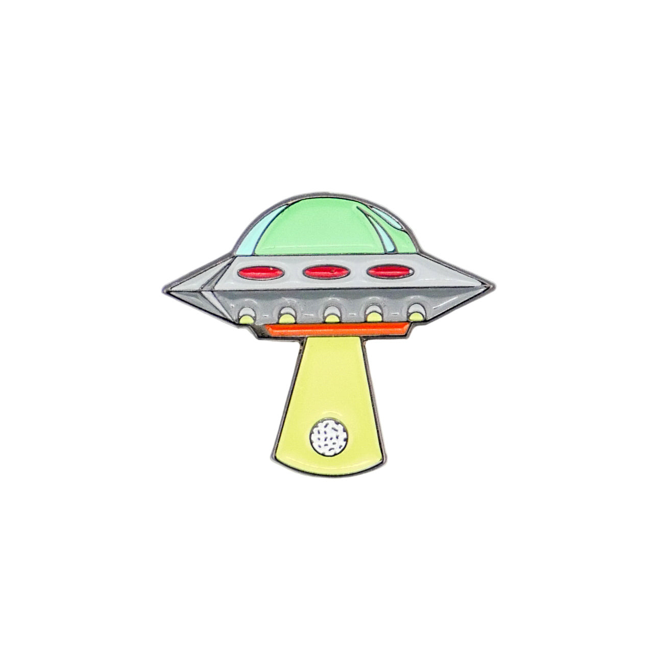 Logie Joe's Golf UFO: A cartoon-style UFO with a green dome and yellow beam evokes premium ball markers or stylish golf accessories, featuring a white circle near the bottom on a plain white background.